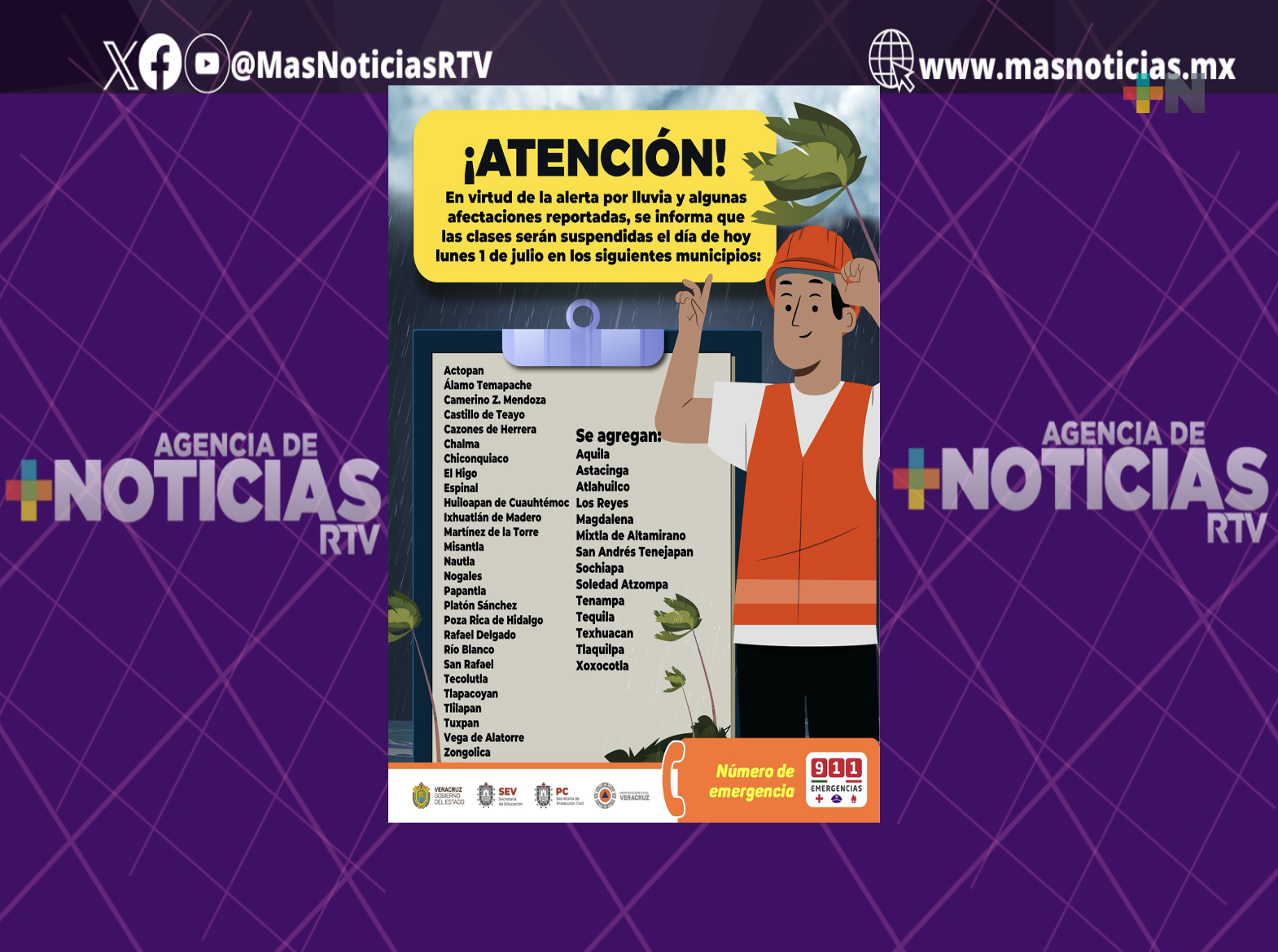 Se suman 15 municipios más a la suspensión de clases en el estado: SPC